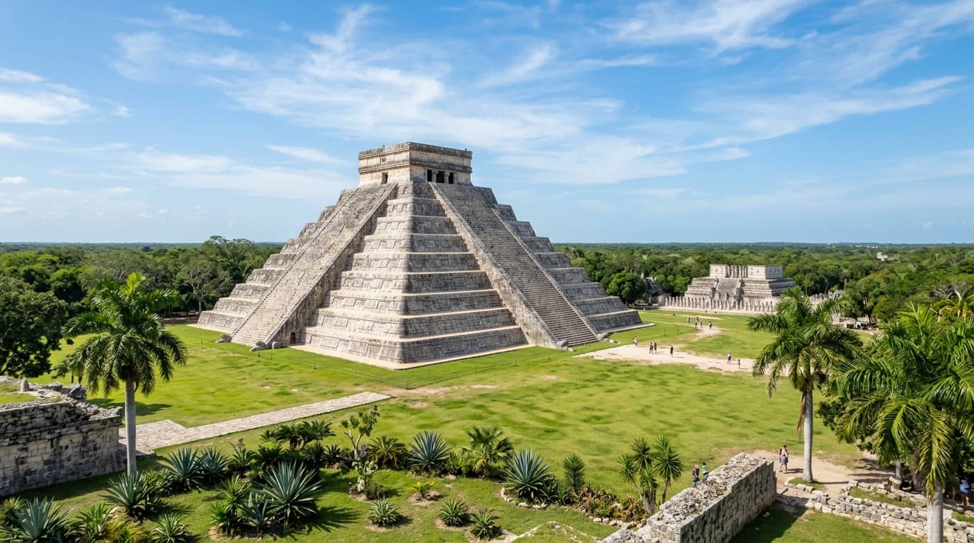 The iconic El Castillo pyramid at Chichen Itza Mayan ruins under bright blue skies