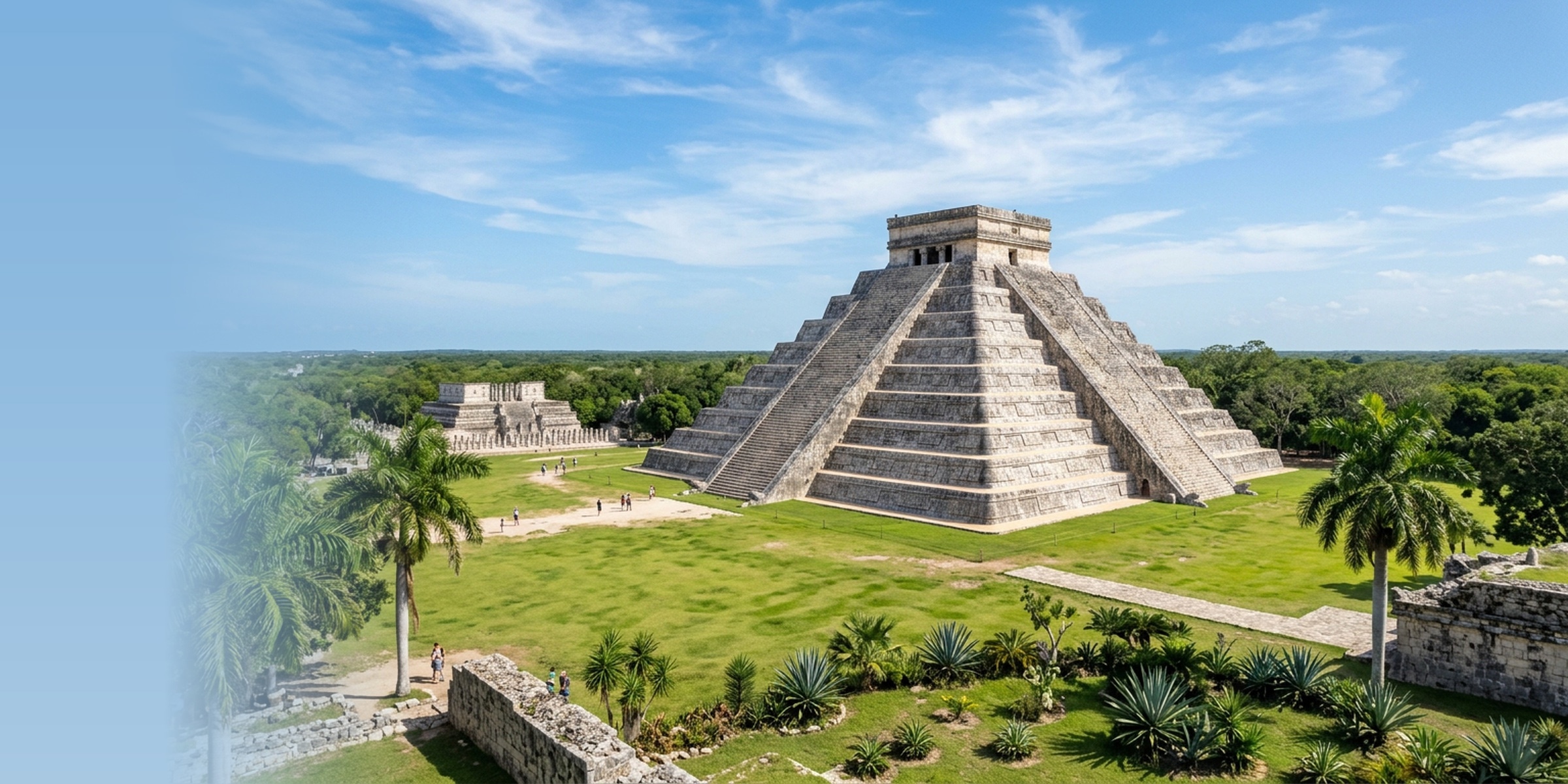 The iconic El Castillo pyramid at Chichen Itza Mayan ruins in sunny Yucatan