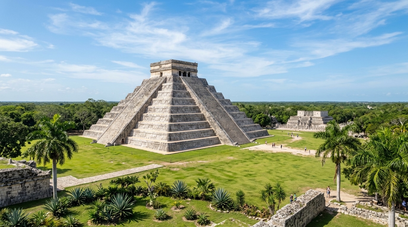 The iconic El Castillo pyramid at Chichen Itza Mayan ruins in sunny Yucatan