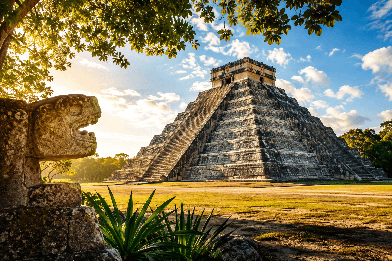 El Castillo pyramid at Chichen Itza in Yucatan, Mexico, surrounded by tropical greenery in warm sunlight.