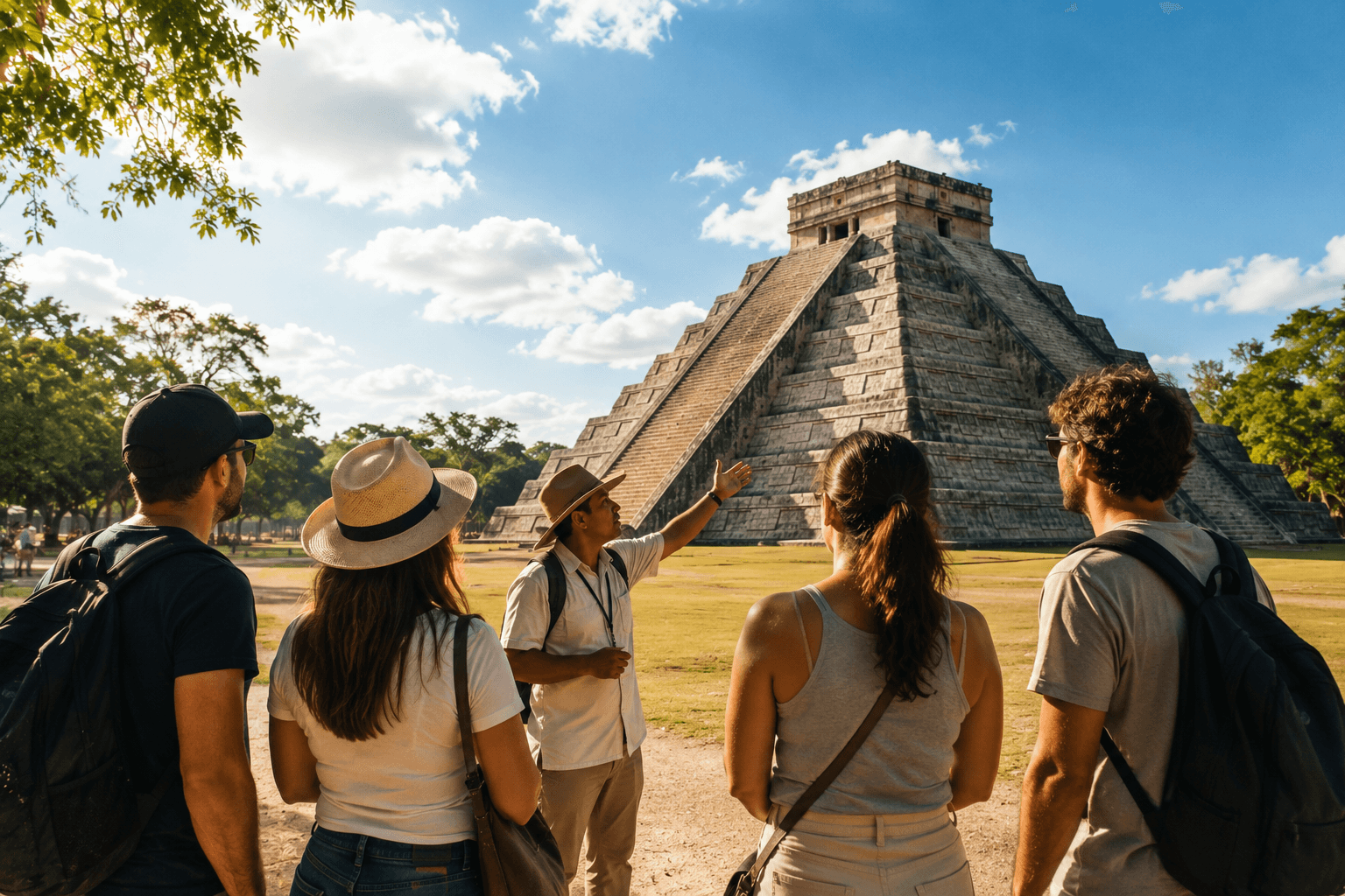 Guided Chichen Itza tour with visitors listening to a local guide in front of the El Castillo pyramid in Yucatan, Mexico.